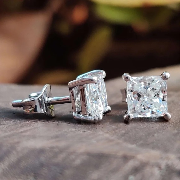Gumbo Square Cut Simulated Diamond Earrings Studs - Picture 5 of 16